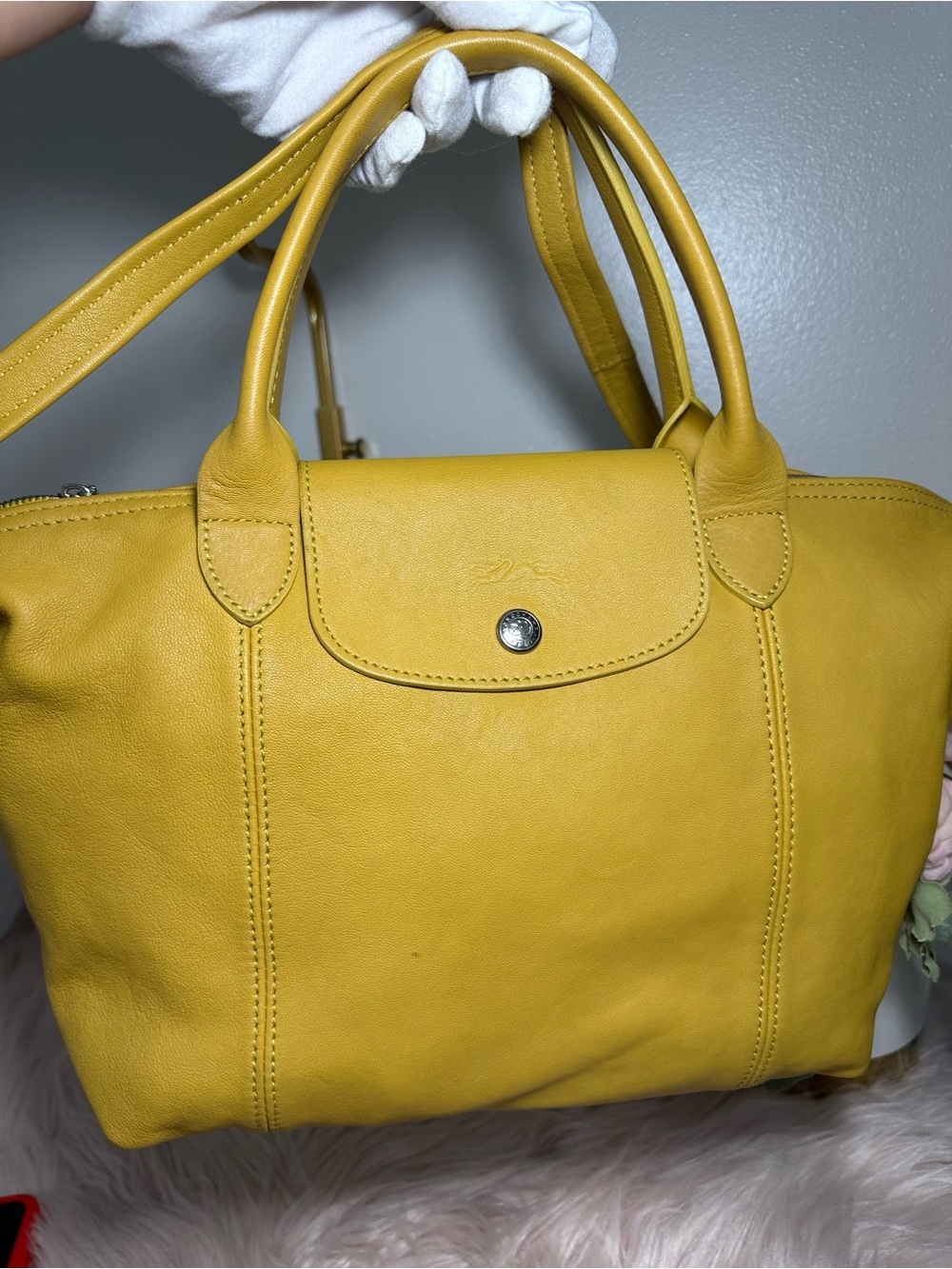 Authentic Longchamp Le Pliage Cuir Small Leather Tote in Mustard Yellow
